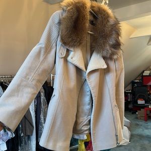 Suede neutral jacket with silver hardware and faux fur in size 4